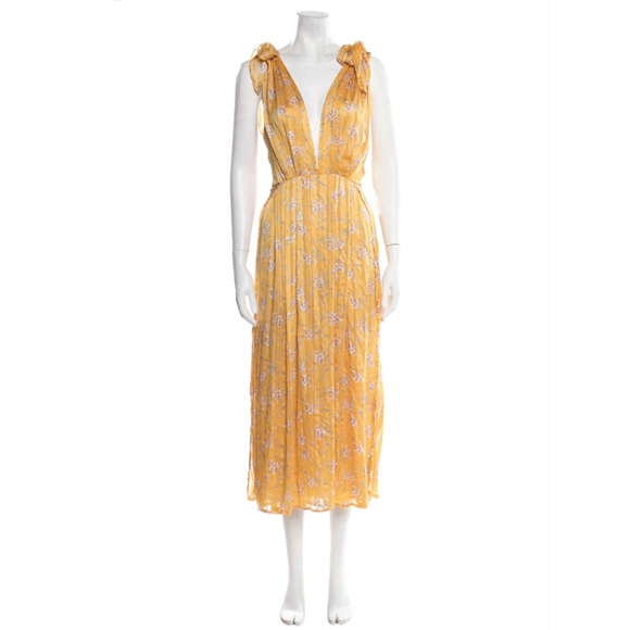 Women's Sabina Musayev Yellow Floral Pleated Midi Dress S - Picture 2 of 10